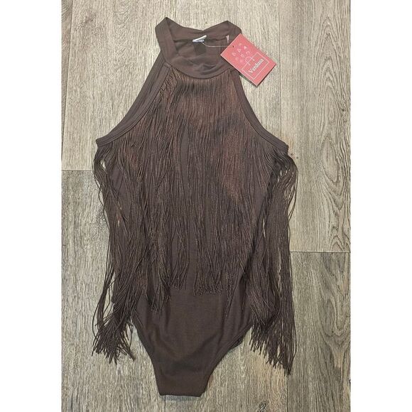 Verdusa Fringe Trim Sleeveless Bodycon Halter Bodysuit Top Brown Size Small NWOT - Picture 7 of 11